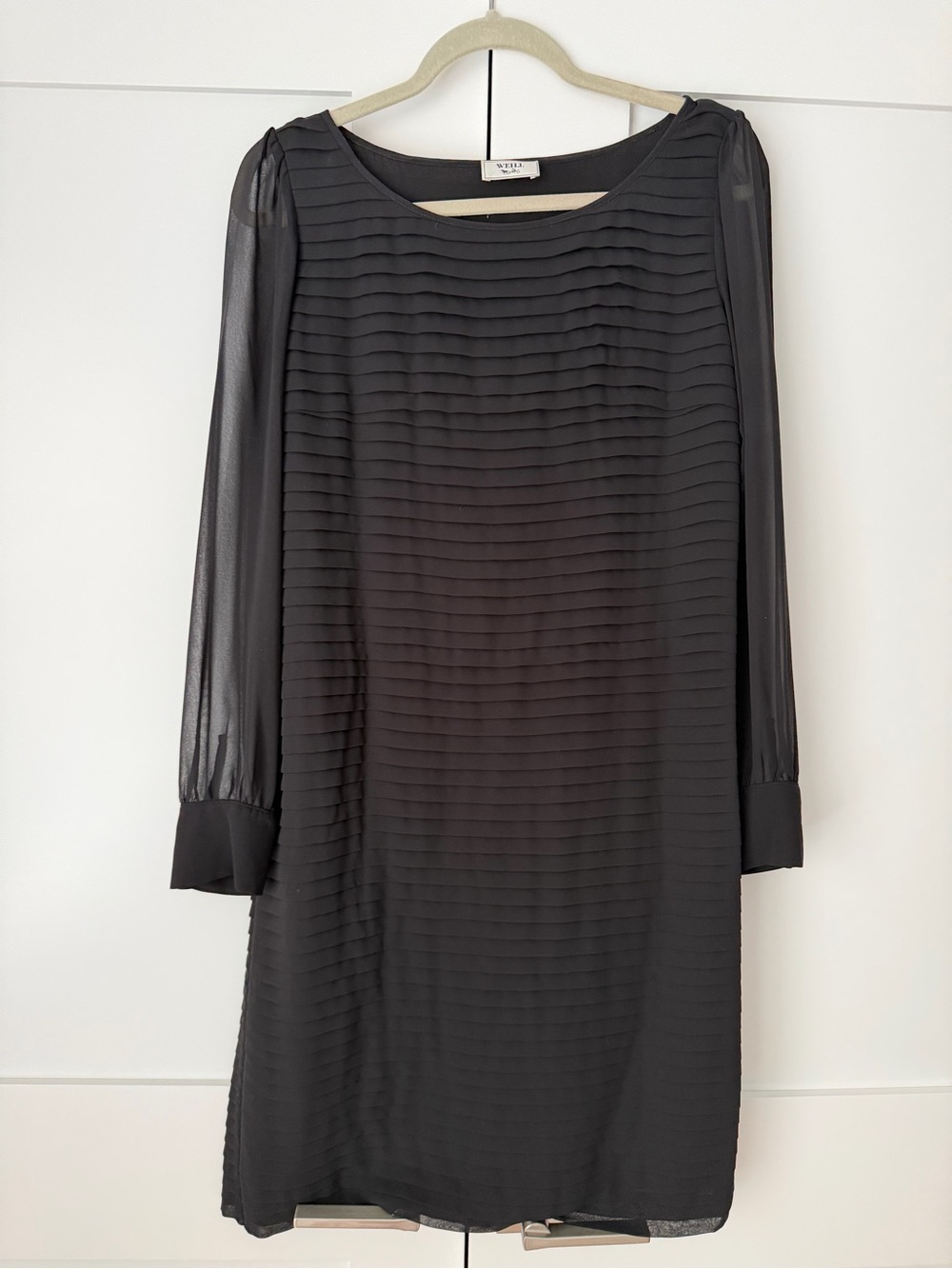VILA Black Pleated-Panel Midi Dress with Sheer Long Sleeves